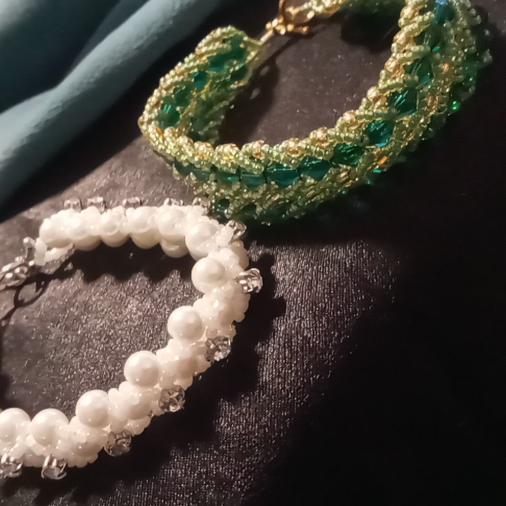 Seed beaded braided 2 delicate bracelets pearl like beaded with toggles